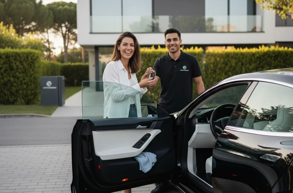 إزالة بقع عنيدة من قماش مقاعد السيارة بجهاز البخار أثناء خدمة تلميع داخلي متنقل في الرياض